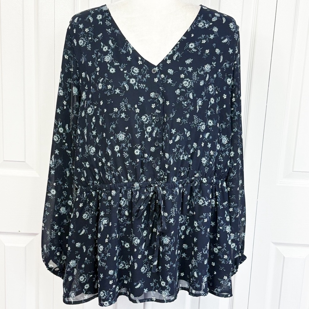Lane Bryant Navy Blue Floral Drawstring Tie Waist Babydoll Blouse 18